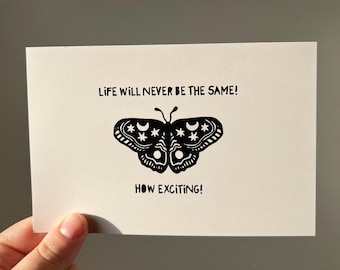 Black and White Moth 4x6 Art Print – Inky Witchy Tattoo Postcard with White Background