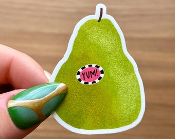 Pear Sticker – Hand-Drawn Green Pear with “Yum!” Fruit Label Glossy Vinyl Decal