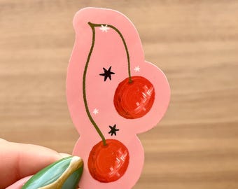 Cherry Sticker – Hand-Drawn Cherries with Stars, Pink Background Glossy Vinyl Decal