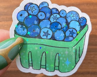 Sparkly Blueberry Basket Sticker – Holographic Fruit Farmers Market Vinyl Decal
