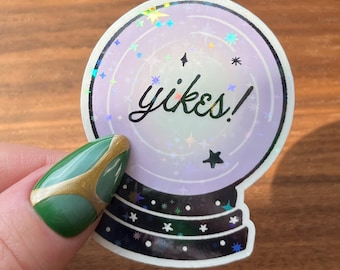 Purple Crystal Ball Sticker with “Yikes” – Sparkly Holographic Witchy Laptop Decal (2.3")