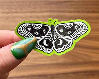 Black and White Moth Sticker – Green or White Background, Witchy Tattoo Vinyl Decal