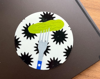 Pickle Sticker on Fork – Glossy Vinyl Decal with Star Background, Tarot Vibes