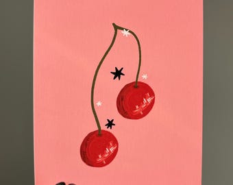 Cherry Art 4x6 Print- Hand Drawn Farmers Market Fruit with Pink Background