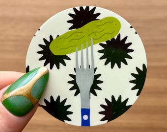 Pickle Sticker on Fork – Glossy Vinyl Decal with Star Background, Tarot Vibes