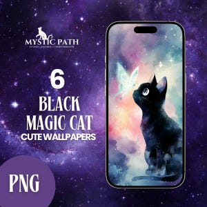 May include: A smartphone screen shows a digital wallpaper of a black cat looking at a glowing butterfly, set against a backdrop of swirling colours. The image is labelled "6 Black Magic Cat Cute Wallpapers" with a "PNG" graphic.
