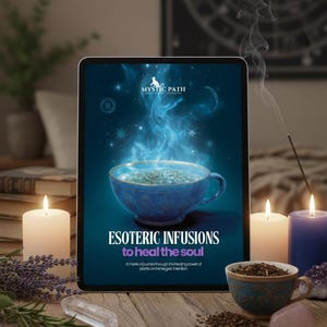 Puede incluir: Una tableta muestra el texto "ESOTERIC INFUSIONS to heal the soul" con un gráfico de taza azul. La imagen está rodeada de velas, hierbas y cristales, lo que sugiere un tema espiritual o de bienestar.
