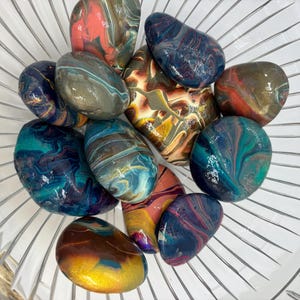 Hand Painted River Rocks, Acrylic Pour Art Palm Stones, Abstract Pocket ...