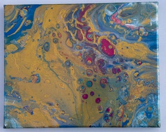 Golden Terrain— Original Acrylic Pour Painting, 8x10 Canvas, Gold Blue Crimson Abstract Art