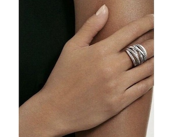 David Yurman Wide Crossover Sterling Silver Cable Band Ring Size 7 w/ Pouch & Box Mint