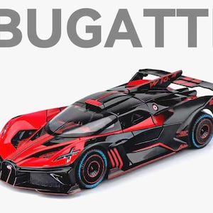 May include: A red and black Bugatti Bolide toy car with a black and white interior and a black spoiler with the text "W16.4" on it. The car has a black and red stripe on the side and the text "BUGATTI" on the side.