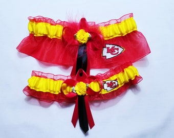 Kansas City Chiefs Red Organza Wedding Garter Set/Sets, 2 Styles To Choose From, Ready To Ship, Fabric Toss, Red Boa