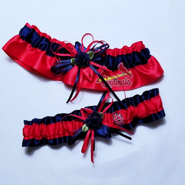 St Louis Cardinals Red Satin Wedding Garter Set, Skinny Ribbons, Navy Flower, Combo Style