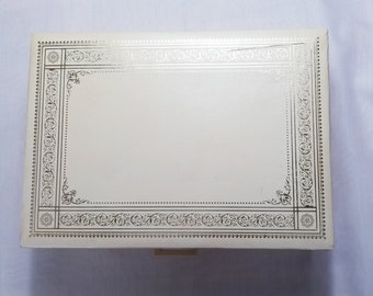 Cream Faux Leather Vintage Jewelry Box, Gold Stamped Design On Top, Perfect Condition, Rectangular Size, 10 Compartments