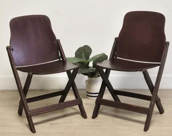 Vintage American Seating Co. Folding Wood Chairs (Set of 2) Camp Chairs-Military 1940's Rustic Folding Theater Seats-Grand Rapids MI