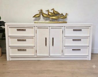 White Coastal 9 Drawer Console-Vintage Lea Faux Bamboo White & Brass Dresser, Beach House Media Console
