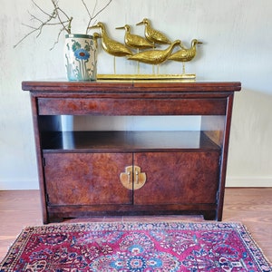 Thomasville Burl Chinoiserie Fold Out Bar-Server-Vintage Campaign Dark Burled Buffet