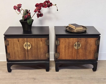 Pair Lane Chinoiserie Nightstands-Refreshed Black & Brass Chin Hua Style Vintage Cabinet End Tables