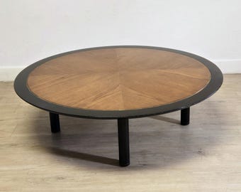 Michael Taylor for Baker Far East LARGE Round Walnut & Ebonized Wood Coffee Table-MCM Hollywood Regency Chinoiserie Brass Inlay Table