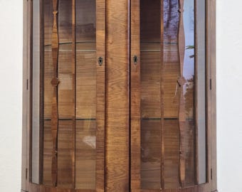 Art Deco Rurka Curio Cabinet-Antique Glass Demilune Walnut Display Cabinet-1930s Curved Petite 2 Door Hutch