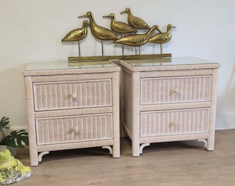 PAIR Boho Chic Whitewashed Henry Link Wicker Nightstands by Lexington Furniture-Vintage 2 Drawer Glass Top Bedside Tables