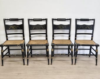 Vintage Hitchcock Style Stenciled Rush Seat Chairs-2 or 4 Rustic Black Farmhouse Accent