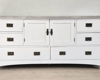 White Farmhouse Dresser, Distressed Driftwood Console, Vintage Solid Wood White Coastal Credenza