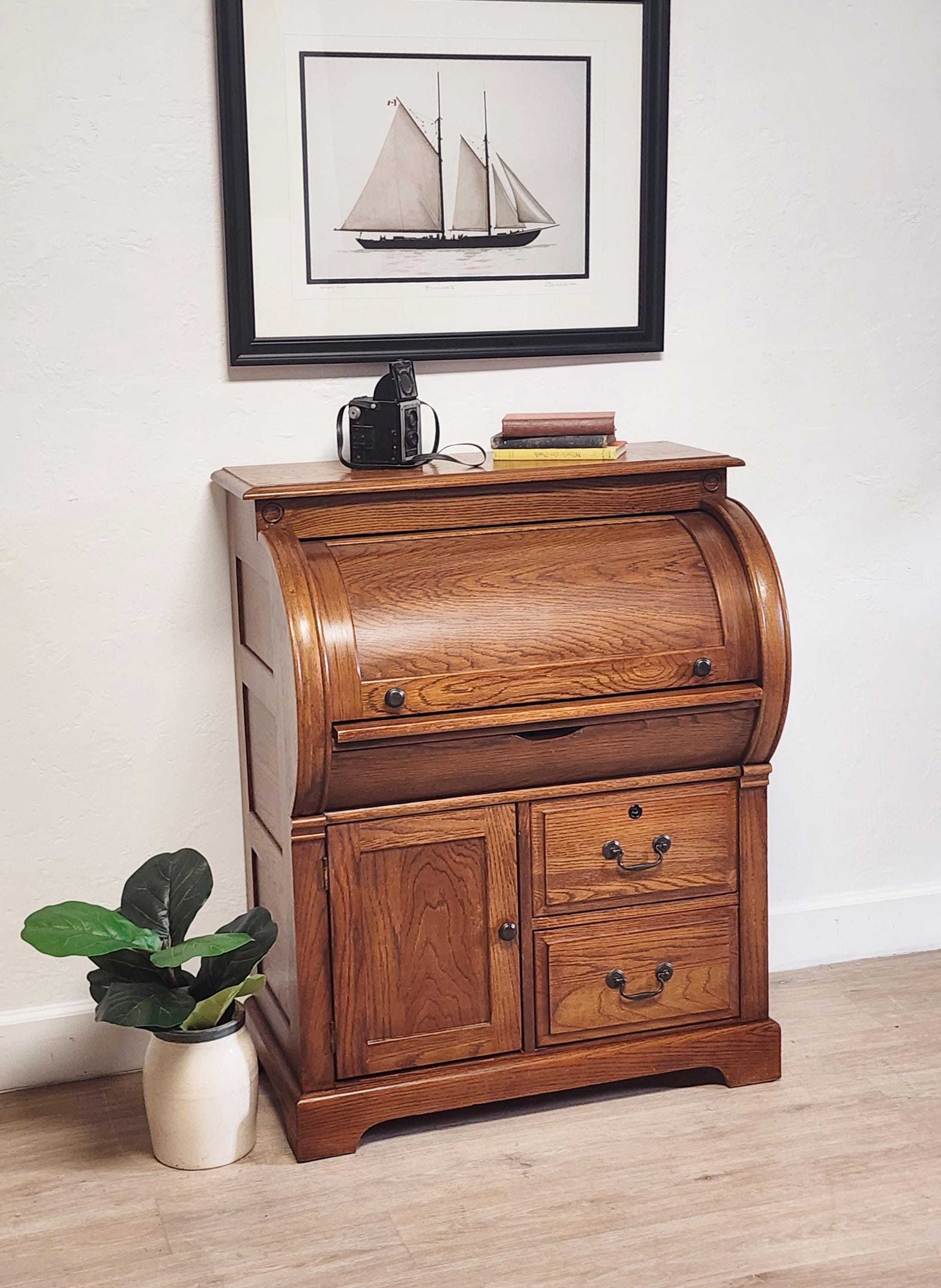 Riverside Solid Wood Cylinder Desk-vintage Barrell Roll Top Oak