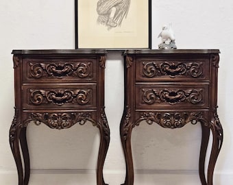 PAIR Highly Carved Antique French Style Nightstands-Ornate Louis XV Style 2 Drawer Bedside Tables