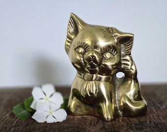 Vintage Brass Kitty-Korean MCM Cute Cat with Bow and Back Leg Up-Collectible Kitten Decor