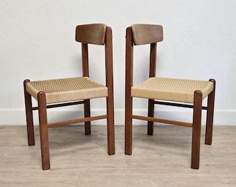 Pair Danish Modern Teak & Cord Chairs-Sun Cabinet Co. 1980's Vintage Rope Woven Cord Chairs