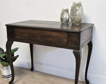 Antique Spinet Desk-Refinished Dark Solid Wood Petite Console Desk-Queen Anne Hideaway Writing Desk