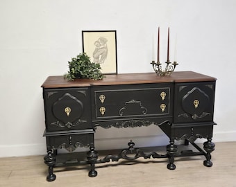 Antique Jacobean Style Server: Refinished Walnut and Black Ornate Sideboard