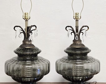 PAIR Carl Falkenstein Large Hollywood Regency Grey Glass & Crystals Statement Lamps-Signed Bubble Glass MCM Falkenstein Table Lamps