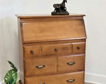 Petite Antique Slant Front Desk-Solid Wood Writing Secretary, J.L. Hudson Drop Front Traditional Desk