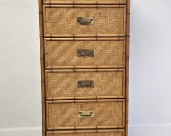 Dixie Flatweave Lingerie Chest-Campaign Coastal Herringbone Wicker Vintage Tall Dresser-6 Drawer Brass Chest