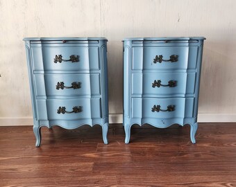 PAIR Curvy Blue Nightstands-Antique Serpentine 3 Drawer French Chippy Blue Tables w/ Pullout Tray