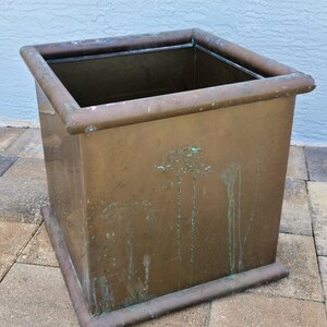 Vintage LARGE Square Brass Planter-MCM 17.75 x 17.75 Minimalist Aged Garden Plant Box