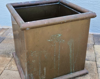Vintage LARGE Square Brass Planter-MCM 17.75 x 17.75 Minimalist Aged Garden Plant Box