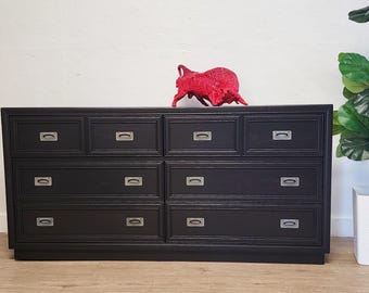Stanley Solid Wood BLACK Campaign Dresser-MCM Black Pewter Console-Black Media Stand-Credenza