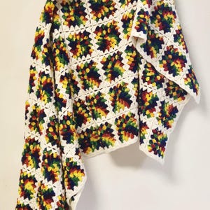 Large Rainbow Crocheted Afghan Throw, MCM Granny Square Multi Colored Retro Blanket