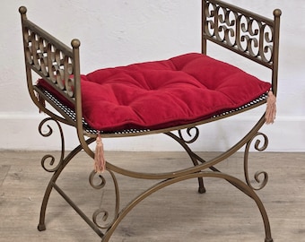 Spanish Revival Umanoff Style Bench – Hollywood Regency Scroll Vanity Chair w/ Red Velvet Cushion