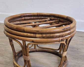 Round Bent Rattan Ottoman Foot Stool-Vintage Boho Stacked Bamboo Round Stool w/ Cushion