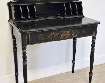 L. Hitchcock Secretary Desk-Vintage Black Stenciled Hitchcock Petite Vanity Writing Console Table