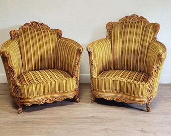 Vintage Regency Style Carved Fireside Chairs, Gold Pinstripe Parlor Set