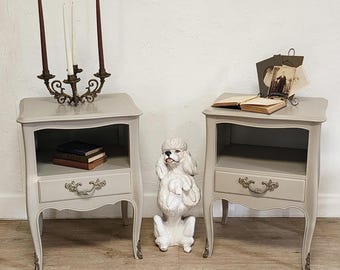 PAIR Kindel Grey French Provincial Nightstands-Vintage Solid Wood Taupe Curvy Painted Pair Tables