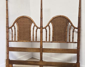 Vintage Faux Bamboo Rattan Headboard-American of Martinsville Queen Tall Arched Post Headboard, Palm Beach Regency Bedroom
