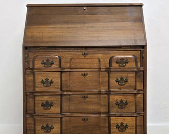 Petite Antique Block Front Desk-Solid Wood Writing Secretary, Oak Claw & Ball Entry Desk