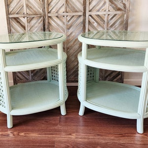 PAIR Oval Rattan Woven End Tables-Large Mint Green Coastal Nightstands-2 Tier Beachy Entry Side Tables