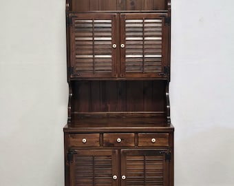 Ethan Allen Antiqued Pine Old Tavern Hutch-Rustic Vintage Shutter Front Bookcase-12-4037-212 Bar-Storage Wall Unit-Solid Wood